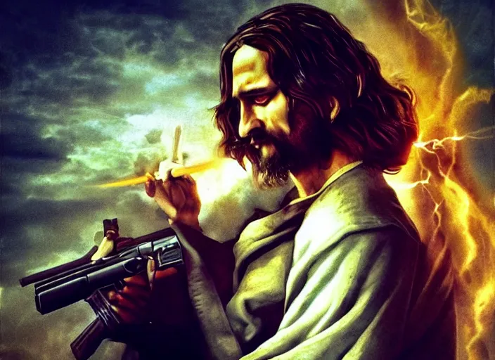 Image similar to real life photo of confident Jesus Christ holding a gun shooting the leader of Hell the Devil Hades, 8k, hyperrealistic, very detailed, clean, professional photography, epic composition, side profile, high contrast, sharp, upscaled, god rays, photorealistic render