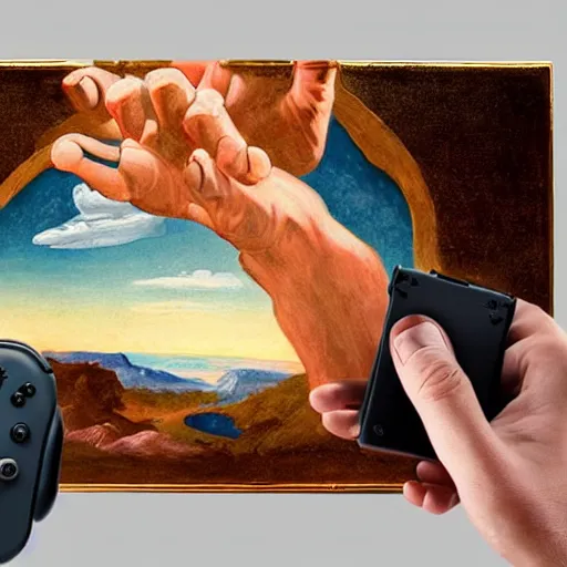 Image similar to the creation of adam fresco painting, holding a nintendo switch