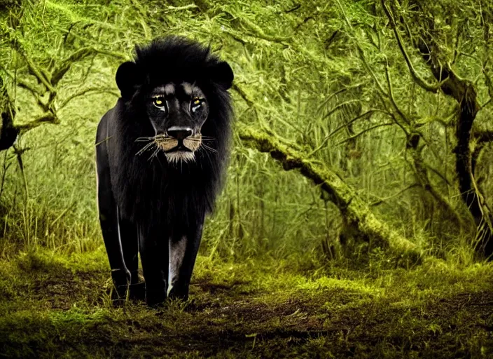 Image similar to professional wildlife photograph of a black lion standing in a dark jungle at night, surrounded by dense dark trees, moss, ferns, cinematic lighting, apex predator, natgeo