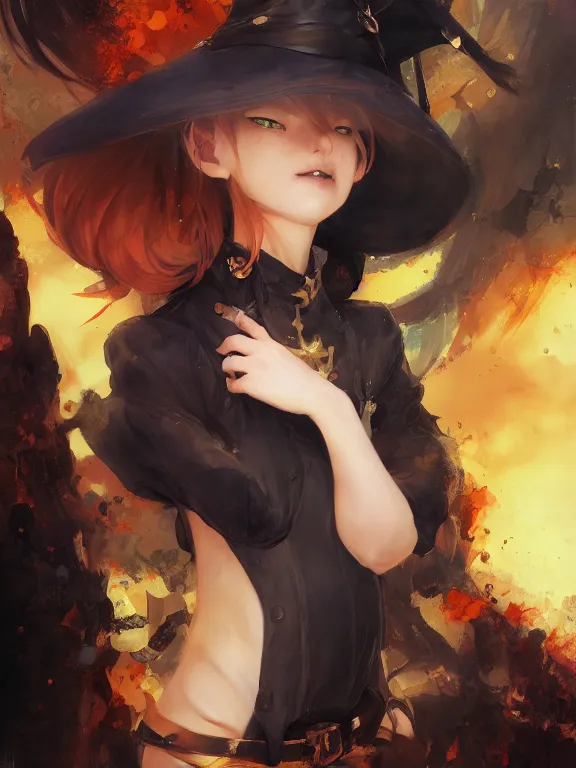 Image similar to Full shot of a cute mischievous young witch about to get up to some trouble. Black and Orange palette. By Ruan Jia and Artgerm and Range Murata and WLOP and CLAMP. Key Art. Fantasy Illustration. award winning, Artstation, intricate details, realistic, Hyperdetailed, 8k resolution.