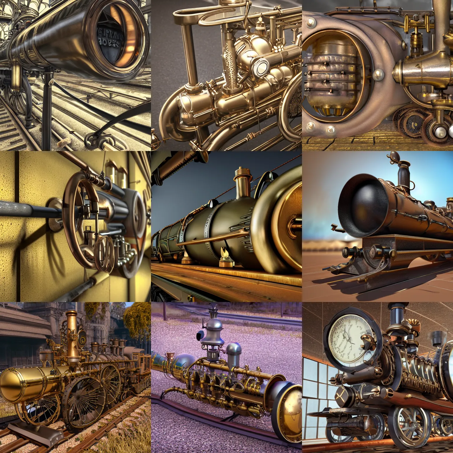 Prompt: steampunk trombone-train waits for no-one cinematic lighting vray 8k low angle shallow depth of field