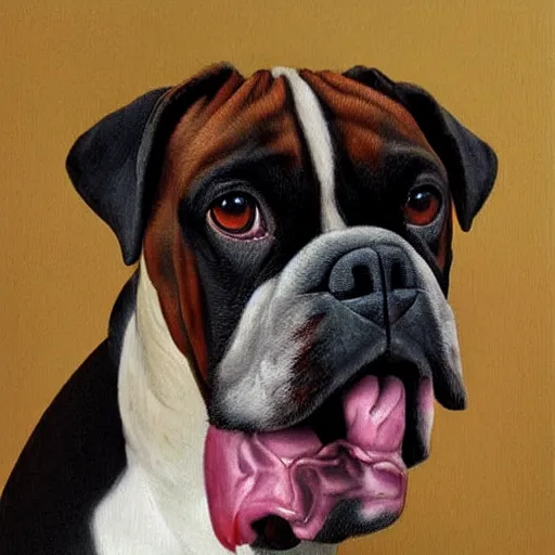 Prompt: regal painting classical portrait of boxer dog with a cigar hanging from his jowls highly detailed