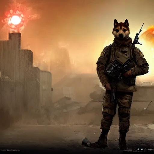 Prompt: postapocalyptic foggy nuclear explosion cinematic background still portrait of anthropomorphic anthro shiba inu wearing military tactical soldier gear , 4k trending on artstation