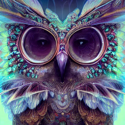 Image similar to detailed portrait of a alien magical owl, wearing a diamond crown, glowing feathers, halfway through, hyper detailed, stylistic, symmetrical, ethereal bohemian, detailed render, hdr, octane render