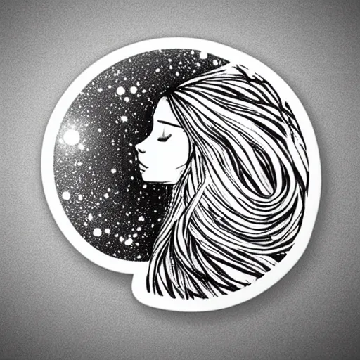 Image similar to Experimental art. A beautiful illustration of a young girl with long flowing hair, looking up at the stars. She appears to be dreaming or lost in thought. sticker illustration, pewter by Tibor Nagy exciting, rich