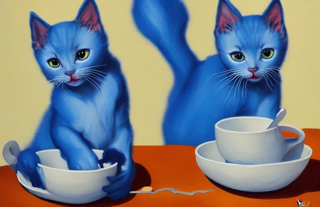 Prompt: portrait of a blue kitten draws a bowl with milk with a brush, warm lighting, light room,, canvas, painting by van gog