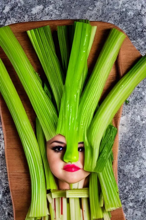 Prompt: selena gomez made out of celery, a human face with celery for hair, celery in the shape of a human face, a bunch of celery sitting on a cutting board, professional food photography