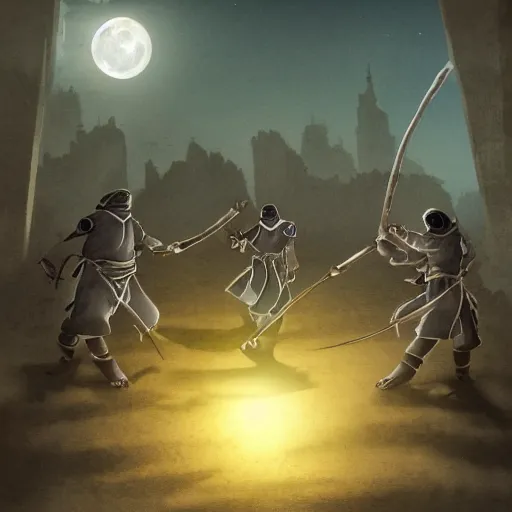 Image similar to a group of mysterious ninjas at the base of a crumbling wall, moonlight, concept art, ultra high definition, matte