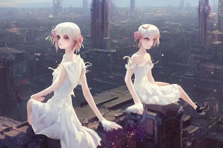 Prompt: extremely beautiful and aesthetic white dress girl sitting on top of the city tower, many mix of lunarpunk and clockpunk mechs, moon night, ultra detailed symmetrical face and ultra detailed eyes, intricate 8 k, high quality, chiaroscuro, sharp focus, trending artstation, unreal engine, by makoto shinkai and ferdinand knab and jeremy lipking