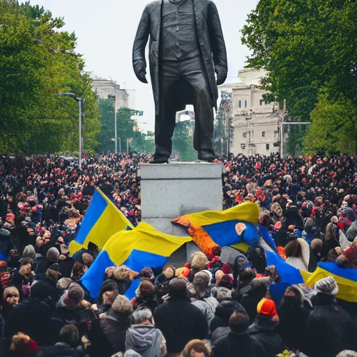 Prompt: a crowd of people with ukrainian flags destroy a statue of vladimir lenin, leica sl 2 5 0 mm, dslr, vivid color, high quality, high textured, real life