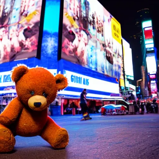 Image similar to a teddy bear riding a skateboard in times square at night