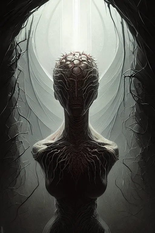 Image similar to professional concept art symmetrical portrait of a ominous floating!! organic terrifying!! species thing in a dark room by artgerm and greg rutkowski. an intricate, elegant, highly detailed digital painting, concept art, smooth, sharp focus, illustration, in the style of cam sykes.