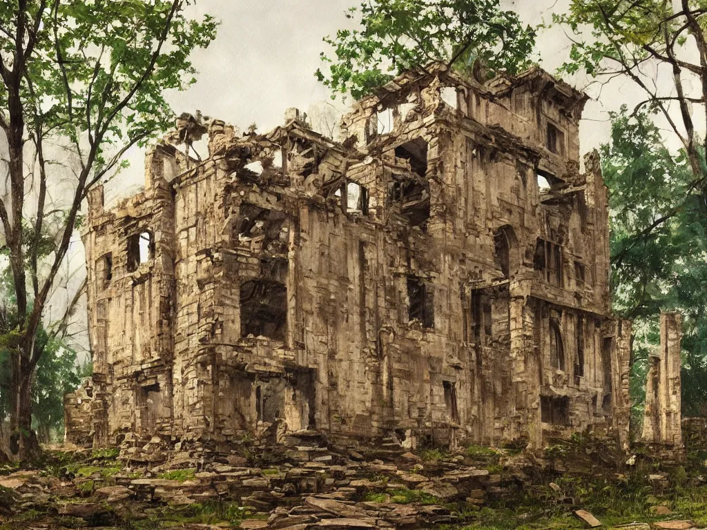 Prompt: A beautiful painting of a dilapidated ancient castle building in the wood, by Coby Whitmore, Trending on artstation, very detailed