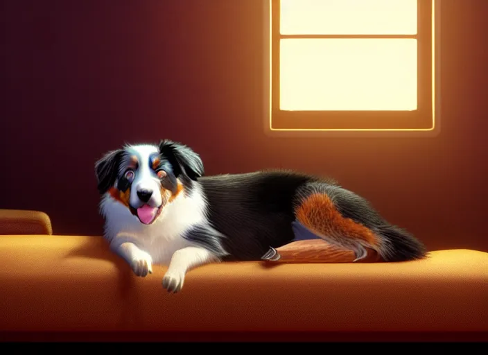 Image similar to a wholesome animation key shot of an australian shepherd, sleeping on a leather couch, studio ghibli, pixar and disney animation, sharp, rendered in unreal engine 5, anime key art by greg rutkowski, bloom, dramatic lighting