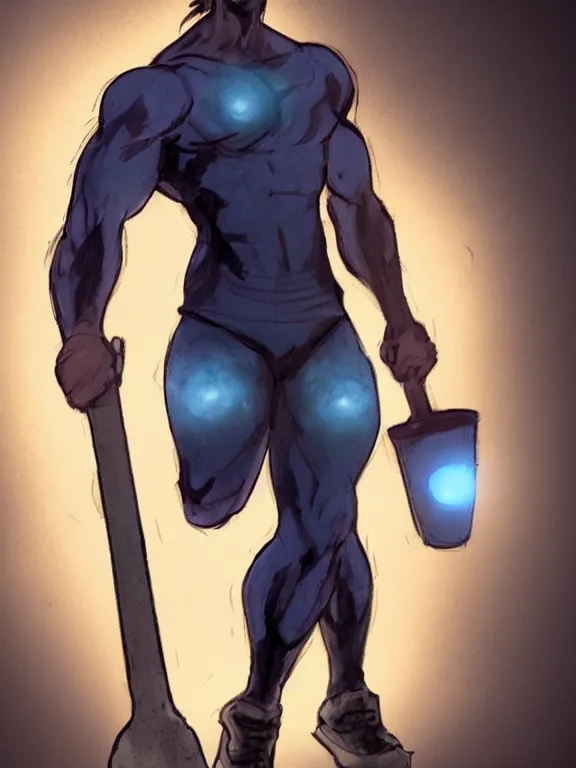 Prompt: portrait art of a muscular man with light blue skin and glowing eyes, wearing a dark blue outfit with now sleeves, fingerless gloves, black shoes. He is carrying a large shovel!!!!!!. around his neck is a glowing light blue vial, 8k ultra realistic , lens flare, atmosphere, glow, detailed, intricate, full of colour, cinematic lighting, trending on artstation, 4k, hyperrealistic, focused, extreme details, unreal engine 5, cinematic, masterpiece