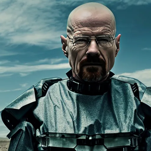 Image similar to Film still of Walter White with cybernetic battle armor in new Breaking bad movie, highly detailed, 4k