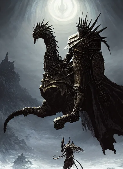 Image similar to folk horror illustration of the nameless king (armored ancient god of war and thunder who rides a storm dragon) from dark souls 3, art by greg rutkowski, art by craig mullins, art by thomas kincade, art by Yoshitaka Amano