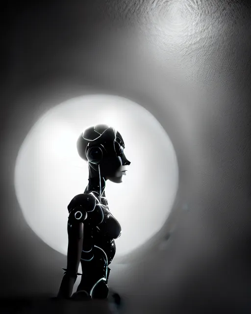 Image similar to black and white high quality photo of a female AI-queen-dragon-meshes-cyborg-doll looking into a sci-fi mirror, volumetric lighting, brutalism, foggy, dreamy, hyperdetailed, bokeh, photorealistic, cinematic, masterpiece, elegant, dark, in the style of Man Ray, octane render, 8K,