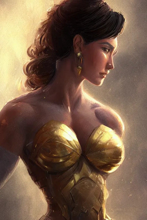 Image similar to three quarters portrait pose of a beautiful woman, strong body,super heroine costume,super powers, fantasy, intricate, elegant, highly detailed, digital painting, artstation, concept art,shining, sharp focus, illustration, art by Stanley Lau