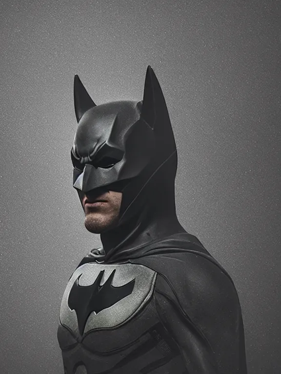 Image similar to film still, ryan renolds as batman, small mask, hyperrealism, moody lighting, rain, intricate, 8 k