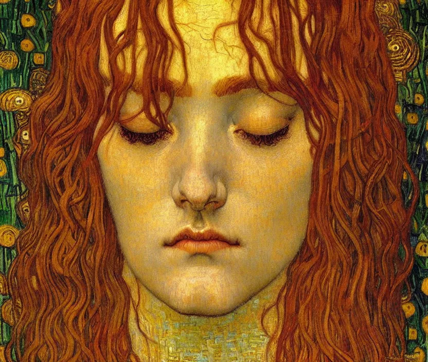 Image similar to detailed realistic beautiful young medieval queen face portrait by jean delville, gustav klimt and vincent van gogh, art nouveau, symbolist, visionary, gothic, pre - raphaelite, muted earthy colors, desaturated