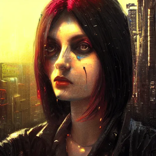 Image similar to molly millions, closeup portrait of a young beautiful cyberpunk woman, mirror eye implants, black hair in a rough shag, sunset, neuromancer, street samurai, cyberpunk city background, megacity, gorgeous view, depth, painted by seb mckinnon, high detail, digital art, painted by greg rutkowski, trending on artstation