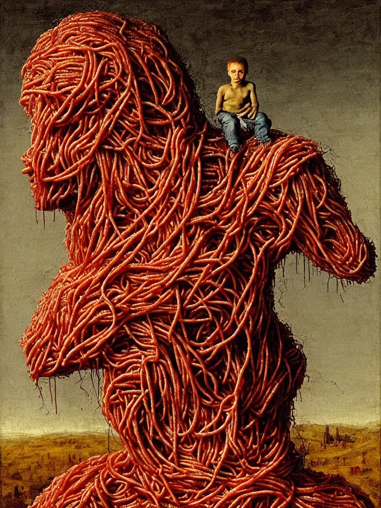 Image similar to a boy made of spaghetti and tomato sauce, sitting on top of a horse, autumn night, by giuseppe arcimboldo and ambrosius benson, renaissance, intricate and intense oil paint, a touch of beksinski and hr giger and edward munch, realistic