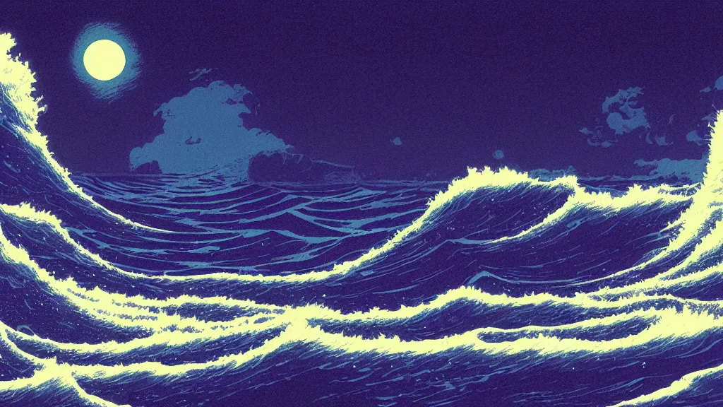 Image similar to highly detailed illustration of high exposure ocean waves at night by makoto shinkai, by nico delort, by dan mumford, by otomo, by kilian eng, by moebius, kodachrome, 4 k resolution