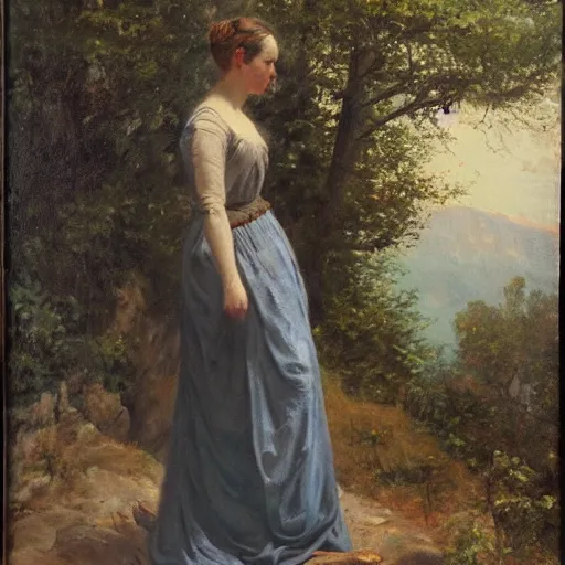 Prompt: a beautiful woman posing in the mountains, oil painting, 1 8 7 0,