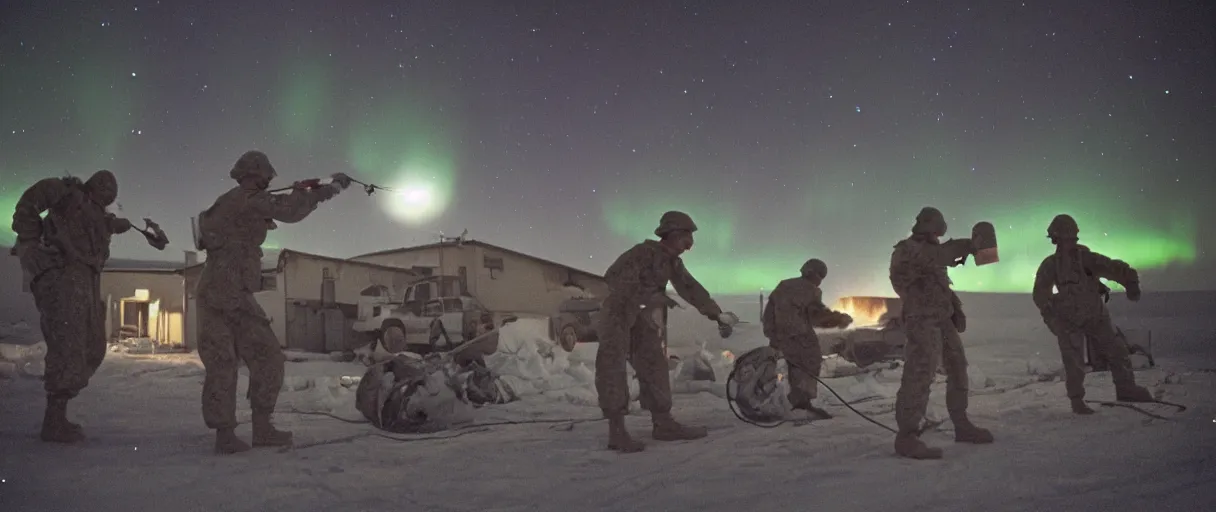 Prompt: a high quality color creepy atmospheric dimly lit closeup film 3 5 mm depth of field photograph of us soldiers pouring cans of gasoline along the perimeter of homes in mcmurdoch station in antarctica in 1 9 8 2 with the aurora borealis in the sky at night