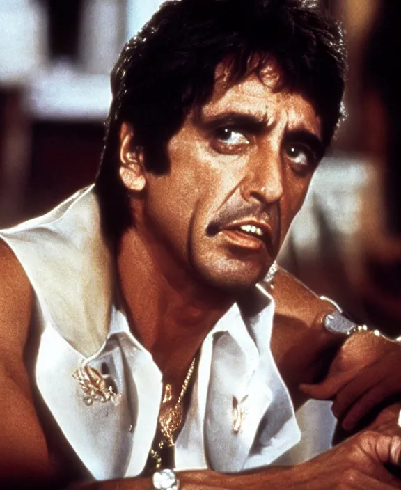 Image similar to tony montana from movie scarface 1 9 8 3. al pacino, extreme long shot, perfect symmetric face, coherent eyes, fine details, 4 k, ron cobb. cinestill