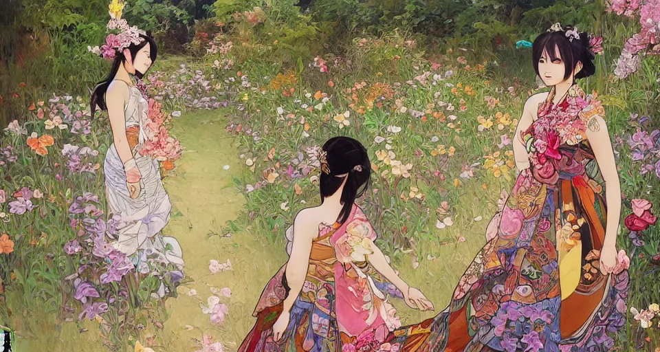 Image similar to oil painting, long shot, beautiful floralpunk thai girl illustration walking in a park, detailed patterns art of thai traditional dress, flower pop art, floral splash painting, art by makoto shinkai, ghibbli, alphonse mucha, dark shadow