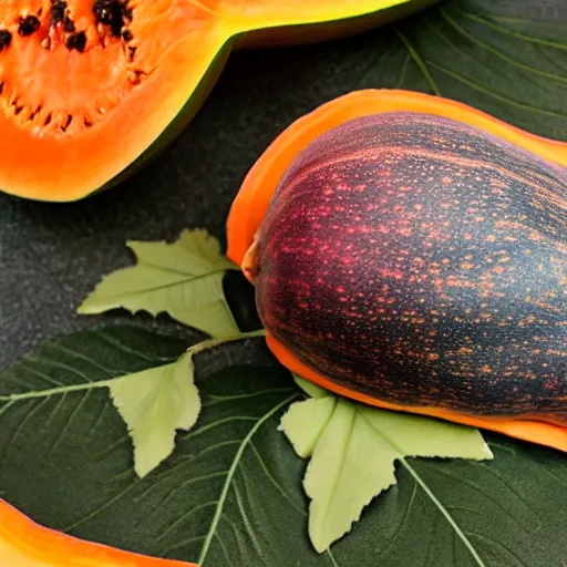 Image similar to a papaya fruit with muscles, dressed as a sailor