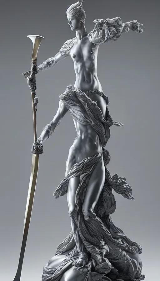 Image similar to a statue of a woman holding a sword, a marble sculpture by ayami kojima, cgsociety, les automatistes, made of plastic, made of liquid metal, marble sculpture