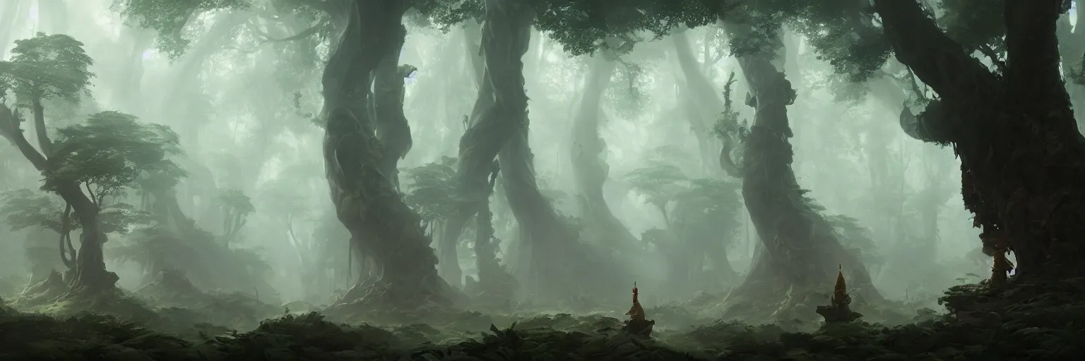 Image similar to Mysterious beautiful Buddhist forest, matte painting by Peter Mohrbacher and Craig Mullins, featured in artstation, octane render, cinematic, elegant, intricate, 8k