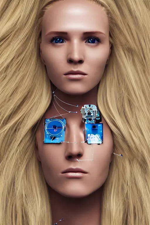 Image similar to robot with human face, female head, full body angle, woman human face, human face realistic, beautiful blonde hair, human head, human head with blonde hair, blonde hair human head, blonde hair, human realistic face, human head skin, cyborg frame concept, cyborg by ales-kotnik, sci-fi android female, the body is made of wires, robotic body, cyborg body, cyborg bust body, robot body cyborg, full body