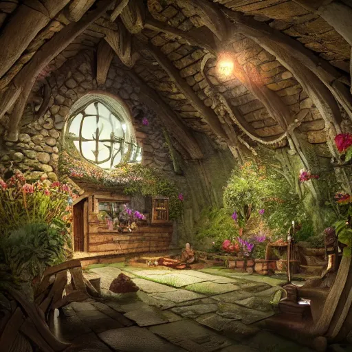 Prompt: a medieval hobbit house, ornate, beautiful, atmosphere, vibe, flowers, concept art illustration, color page, 4 k, tone mapping, doll, akihiko yoshida, james jean, andrei riabovitchev, marc simonetti, yoshitaka amano, digital illustration, greg rutowski, volumetric lighting, sunbeams, particles