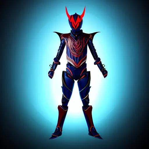 Image similar to High Fantasy Kamen Rider, single character full body, 4k, glowing eyes, daytime, rubber suit, dark blue segmented armor, dragon inspired armor, centered