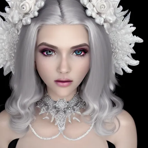 Image similar to wonderful princess of white diamonds with fair skin, white hair, white flowers, ornate with white diamonds, 8 k, gorgeous, intricate, detailed, glowing white accent lighting, dramatic lighting, octane render