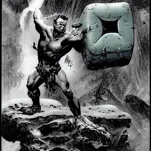 Image similar to warrior be enveloped gelatinous cube by frank frazetta