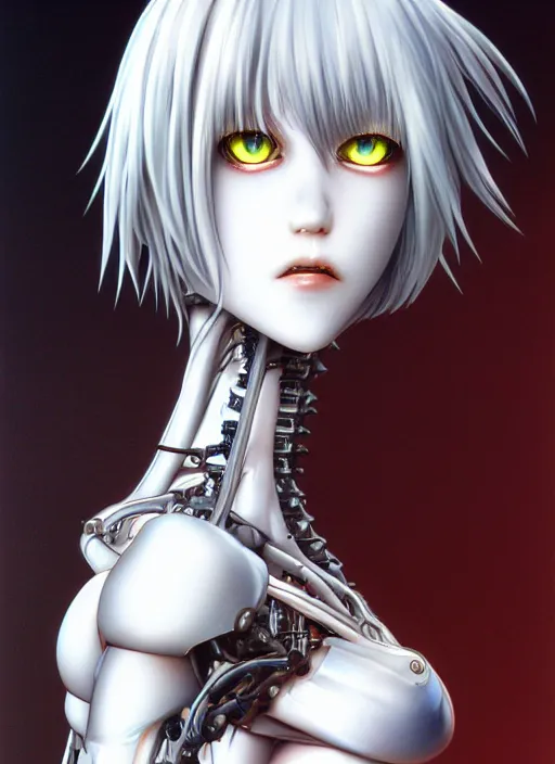 Image similar to Rei Ayanami by Yoshitaka Amano, by HR Giger, biomechanical, profile portrait, 4k, wide ayes, hyper detailed, hyperrealism, anime