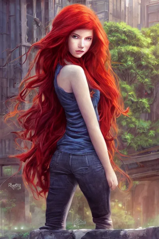 Image similar to beautiful cute red haired joyful and playful 1 9 year old maiden standing up in casual green clothing, long hair, modern city, rpg character, sci - fi, fantasy, intricate, elegant, digital painting, artstation, concept art, smooth, 8 k frostbite 3 engine, ultra detailed, art by artgerm and greg rutkowski and magali villeneuve