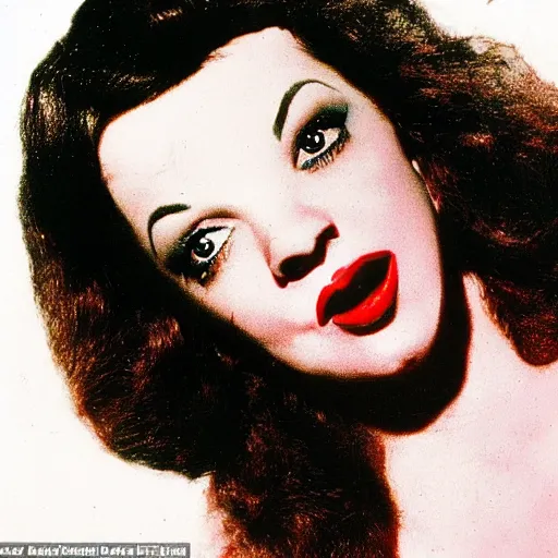 Image similar to a colour photographic aged 3 7 portrait of a hybrid of judy garland and lisa minelli and kate bush, close up