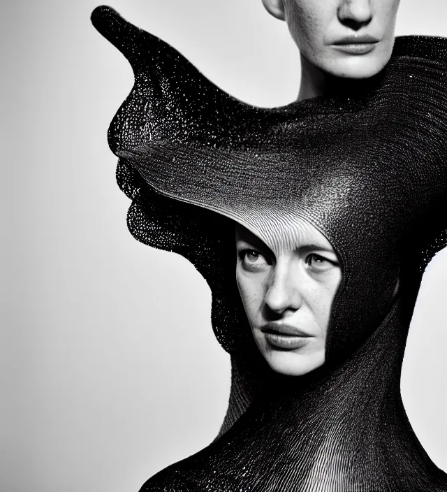 Prompt: photography portrait of one female fashion model wearing fluid sophisticated dress by iris - van - herpen