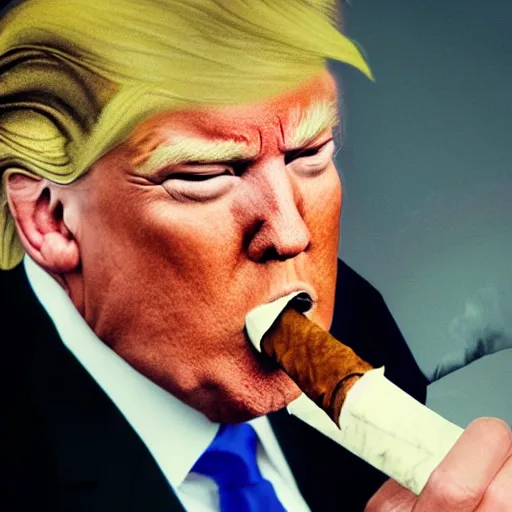 Image similar to a high detail photo of donald trump smoking a cigarrette, subject= donald trump, subject detail: extremly detailed, subject action: smoking a cigar, photorealism, dramatic lighting, award winning photograph, trending on artstation