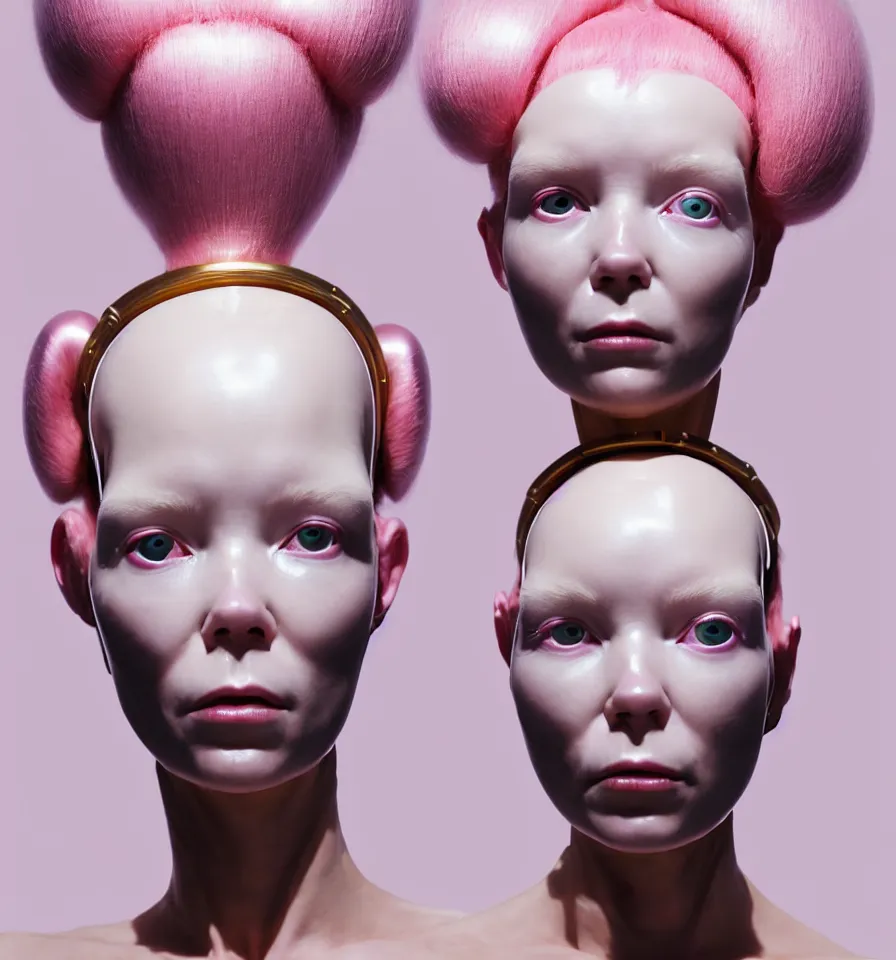 Prompt: portrait of a alien futuristic cyborg wearing a gold pipes fitted beauty mask and pink hair buns, wearing a black bodysuit by alexander mcqueen, cream white background, perfectly symmetric, soft diffused light, biotechnology, humanoid robot, hanging electrical cables and pipes, bjork aesthetic, translucent, by rineke dijkstra, intricate details, highly detailed, masterpiece,