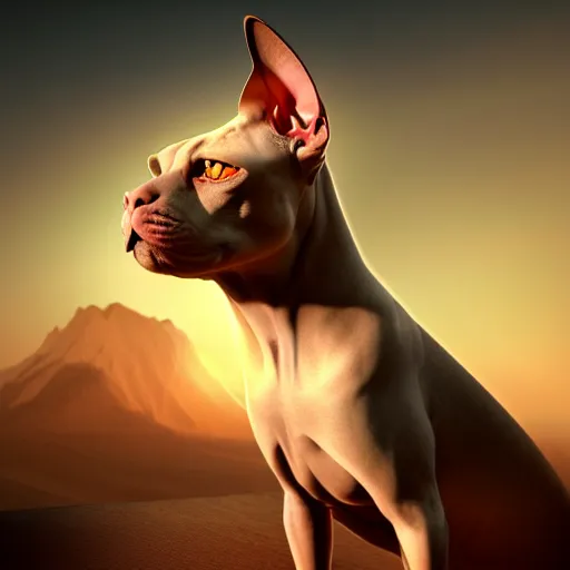 Prompt: Hybrid of a Pitbull and a sphinx cat, beautiful, golden hour, sharp focus, ultra detailed, cgsociety
