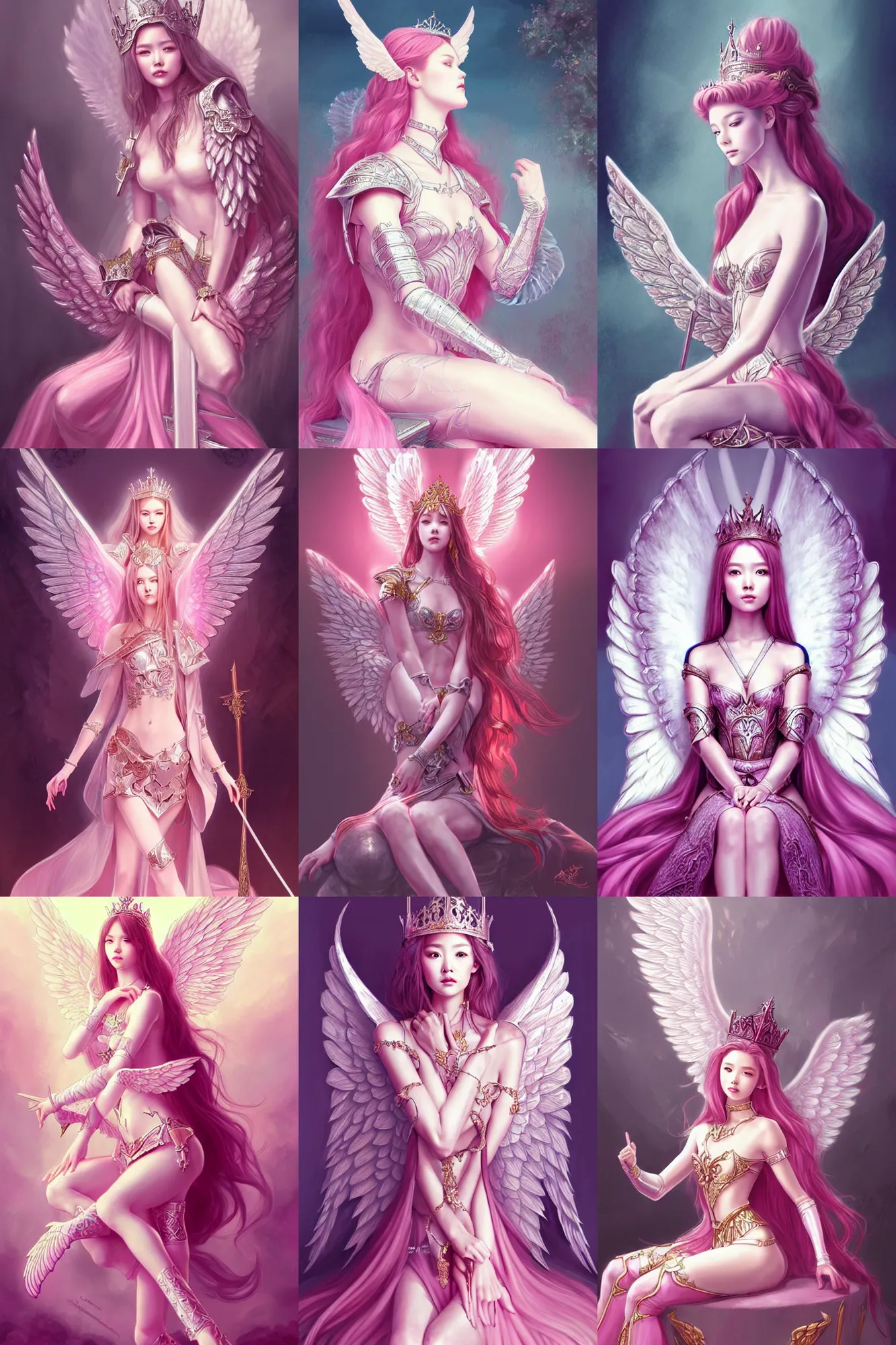Prompt: gorgeous!! hyper - realistic princess wearing ornate pink knight armor, angel wings l sitting at the thrown | divine, elegant | illustration | drawn by wlop, drawn by jeehyung lee, drawn by artgerm