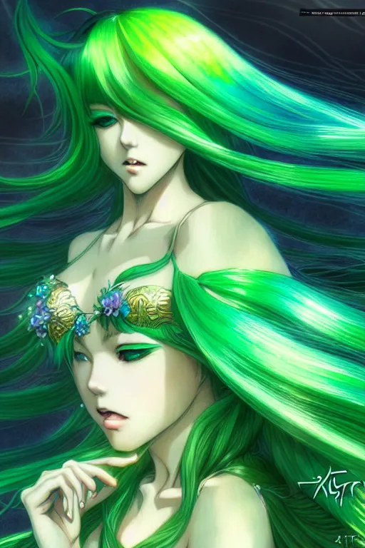 Image similar to beautiful green hair mermaid, anime style, scenery wallpaper aesthetic, vintage retro colors, cinematic, dramatic, super detailed and intricate, hyper realistic, 4 k render, by artgerm, by kyoung hwan kim, by ralph mcquarrie, by yoshiyuki tomino