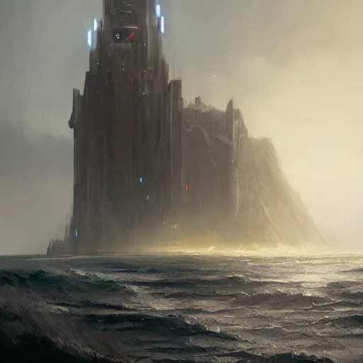 Image similar to star wars concept art by greg rutkowski, a palatial and imposing grey wide tower emerging from the sea in the middle of a ocean landscape, enigmatic atmosphere, beautiful and cinematic lighting, artstation hq.